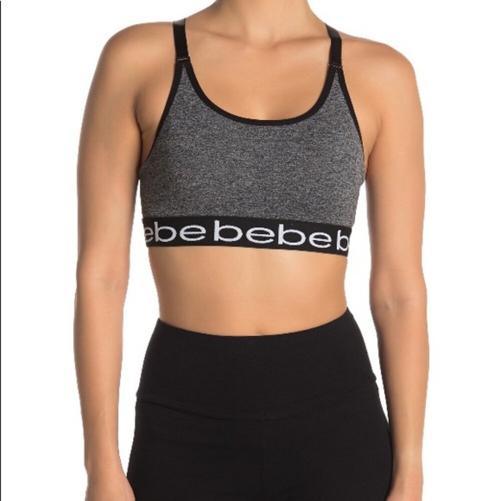 Bebe Women's Logo Sports Bra Black Gray Adjustable Women's Size Large